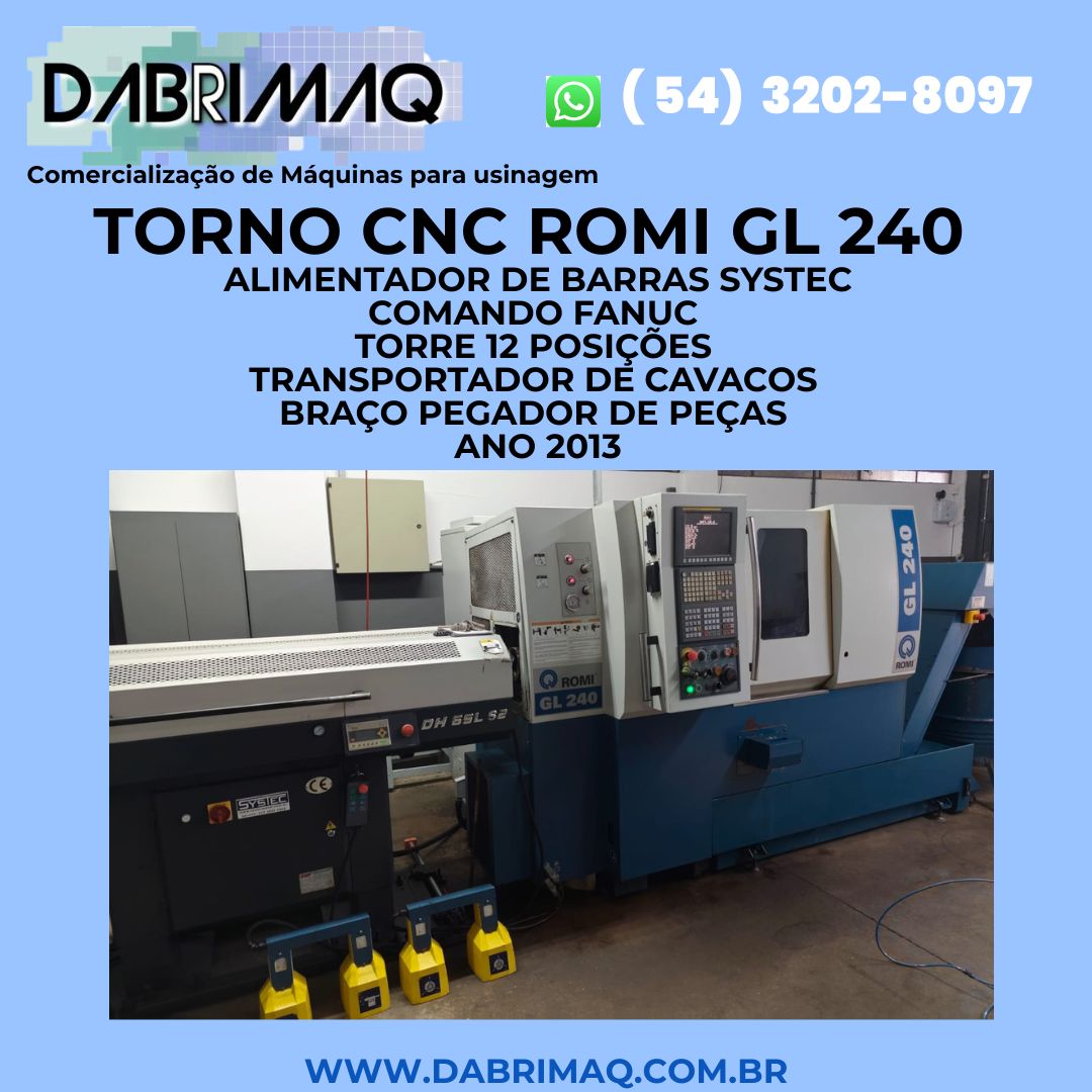 Torno CNC Romi GL 240 com alimentador de barras Systec